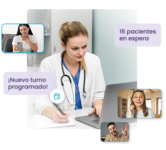 Doctora atendiendo pacientes online con videollamadas y notificaciones del sistema
