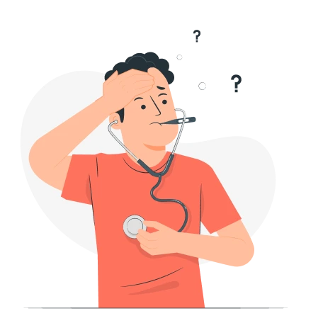 Ilustración de un hombre con un termometro en la boca agarrandose la cabeza con una mano y con la otra sosteniendo un estetoscopio en su pecho